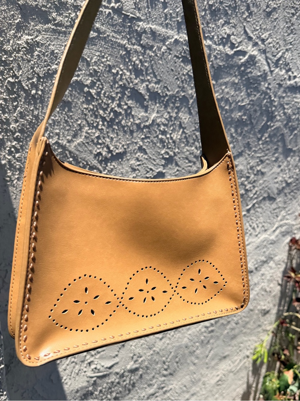 Mondani Tan Shoulder Bag with Perforated Floral Motif
